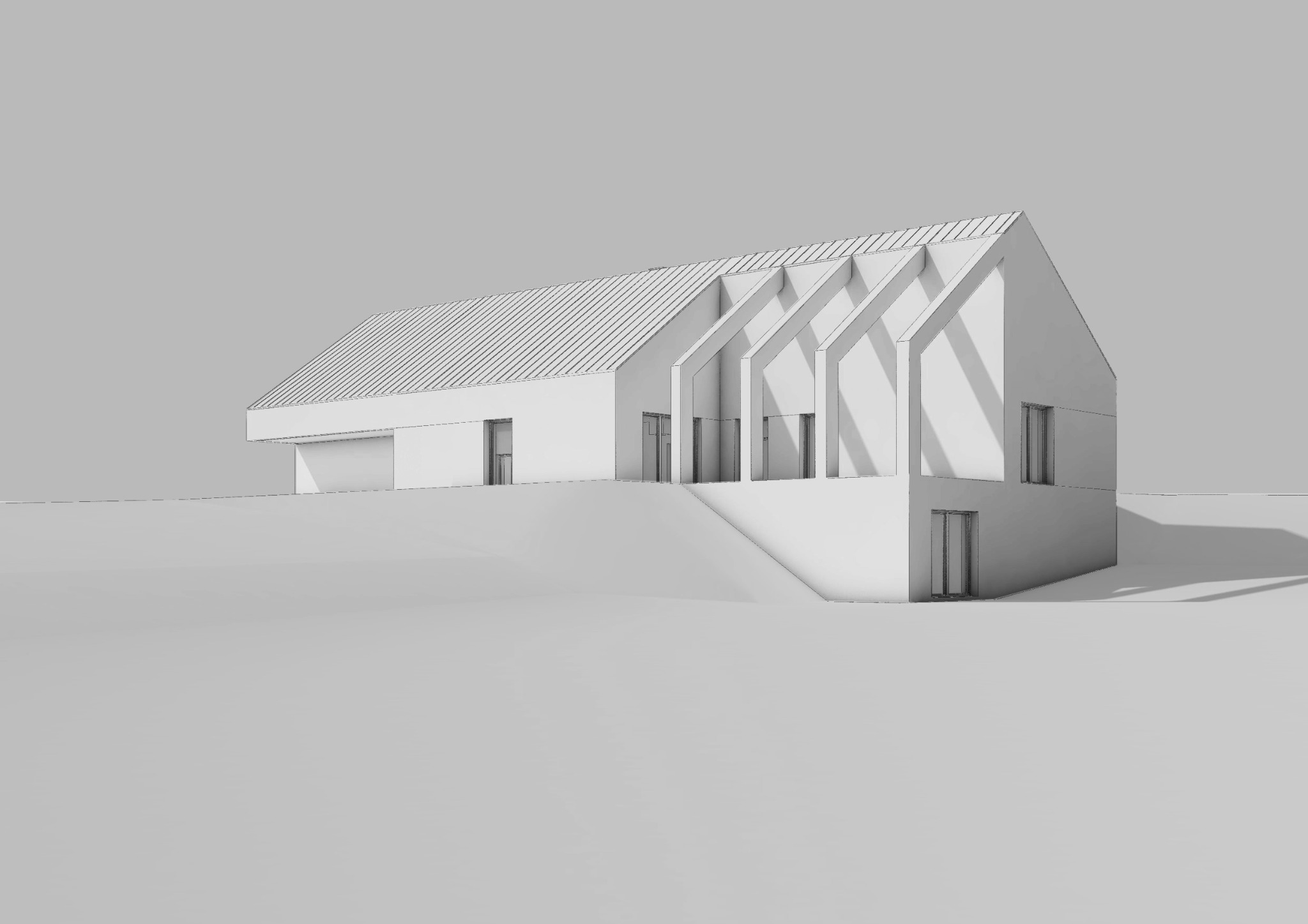Monochromatyczna wizualizacja 3D budynku usługowego z charakterystycznym dachem dwuspadowym i szeregiem wnęk wejściowych, umieszczonego na wzniesieniu.