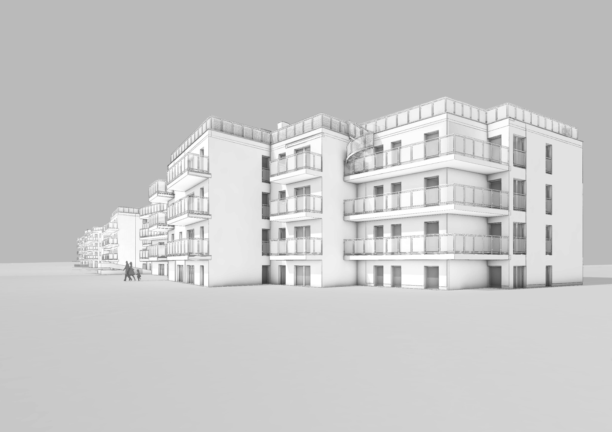 Wizualizacja kompleksu budynków apartamentowych z balkonami i szklanymi balustradami, przedstawiona w monochromatycznej tonacji szarości z elementami szkicu.