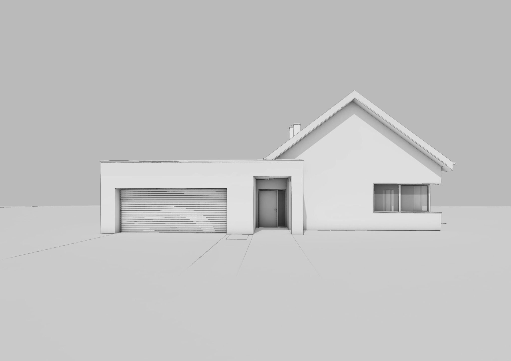 Szkic koncepcyjny jednopiętrowego budynku z garażem, minimalistyczna architektura, wizualizacja 3D.