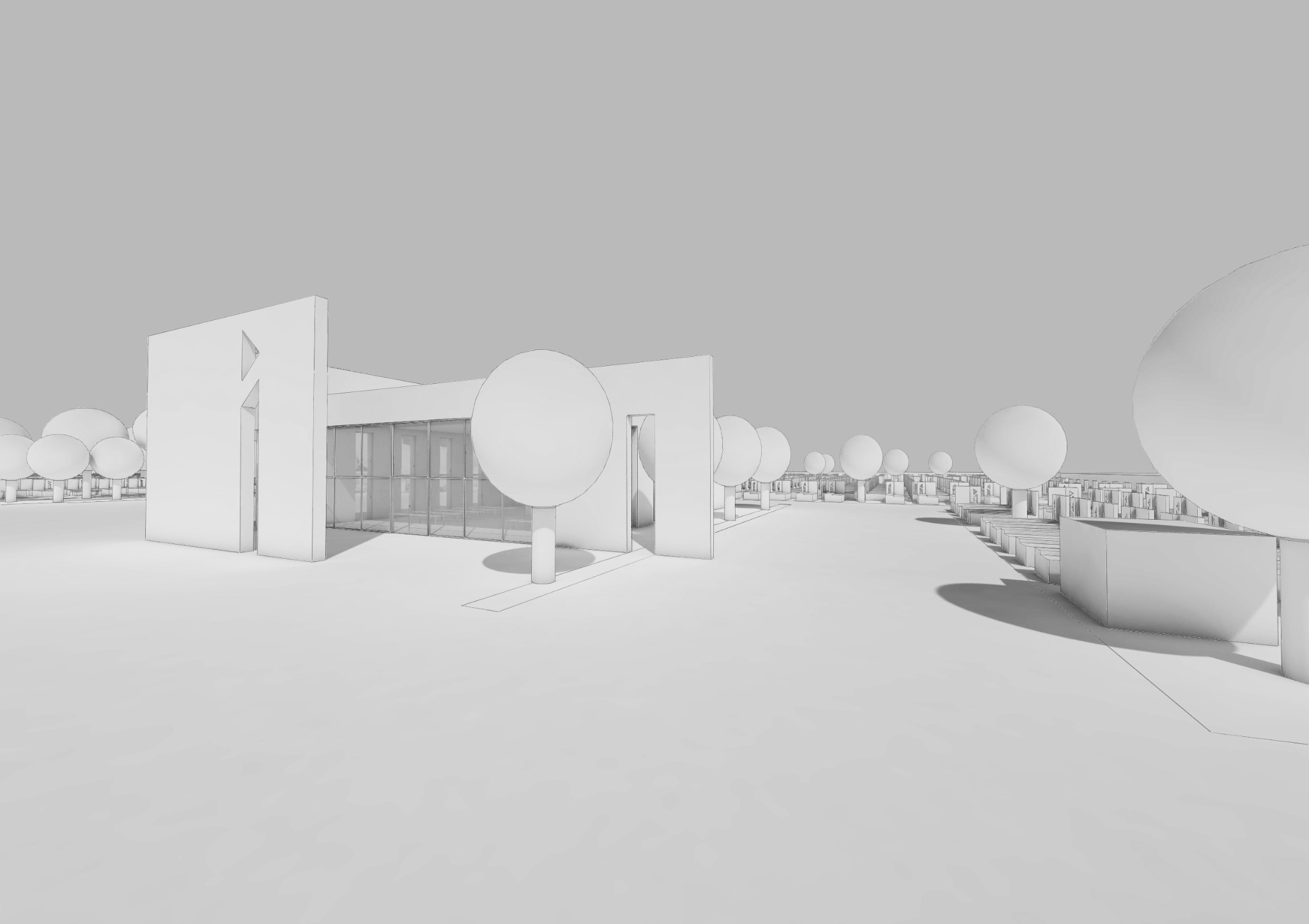 Wizualizacja 3D budynku z przeszkloną fasadą, otoczonego kulistymi drzewami, prezentowana w monochromatycznej, szkicowej stylistyce.