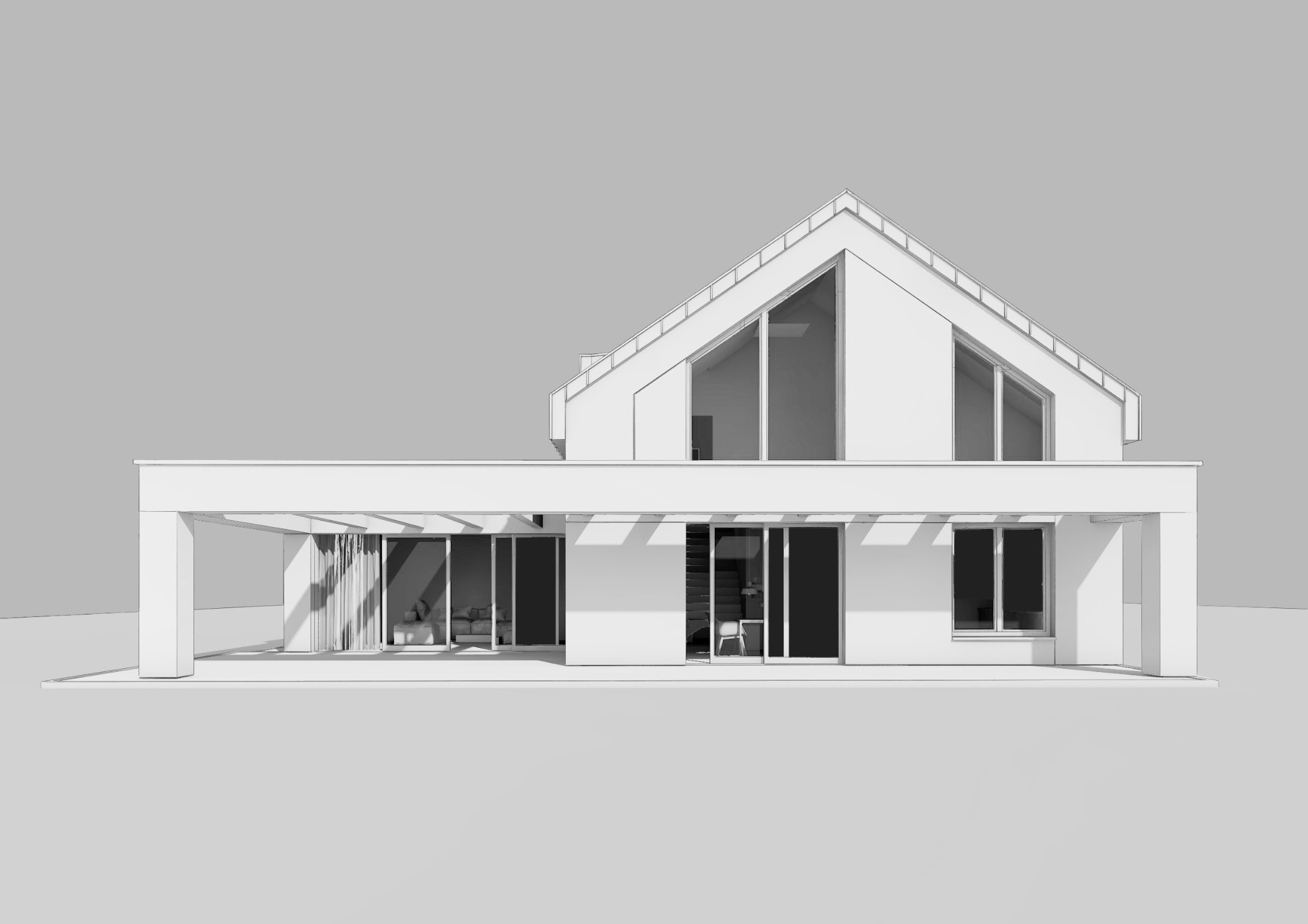 Wizualizacja 3D nowoczesnego budynku z dużymi oknami i zadaszonym tarasem, minimalistyczny design, monochromatyczna kolorystyka.