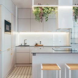Monika Wierzba-Krygiel Architektura i Wnętrza - Nowoczesna, jasna kuchnia w Gdańsku z wyspą i dekoracyjnymi roślinami zwisającymi z sufitu, oświetlona punktowo, z czarno-białą mozaiką na podłodze.