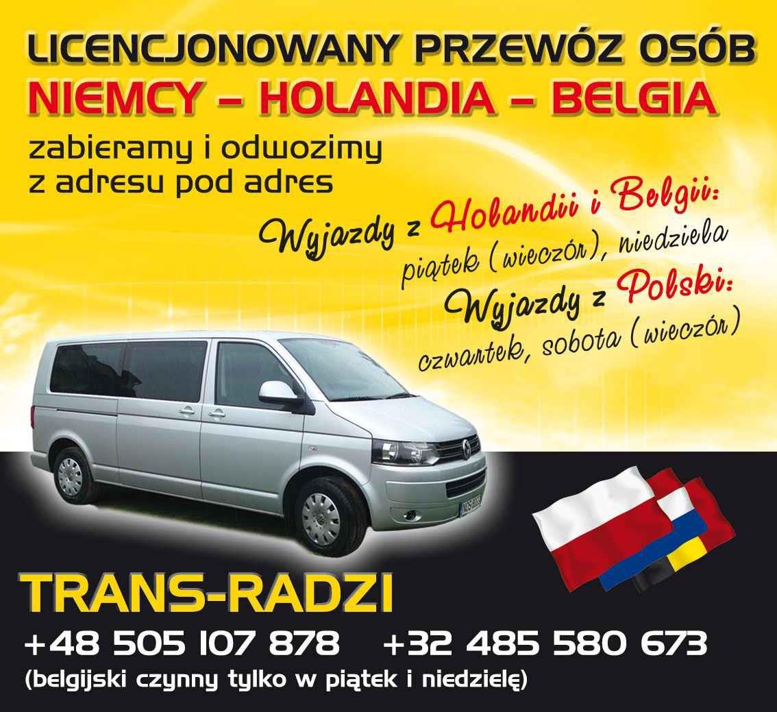 Reklama licencjonowanego przewozu osób busem do Niemiec, Holandii i Belgii, z informacją o wyjazdach z Polski i krajów Beneluksu oraz danymi kontaktowymi.
