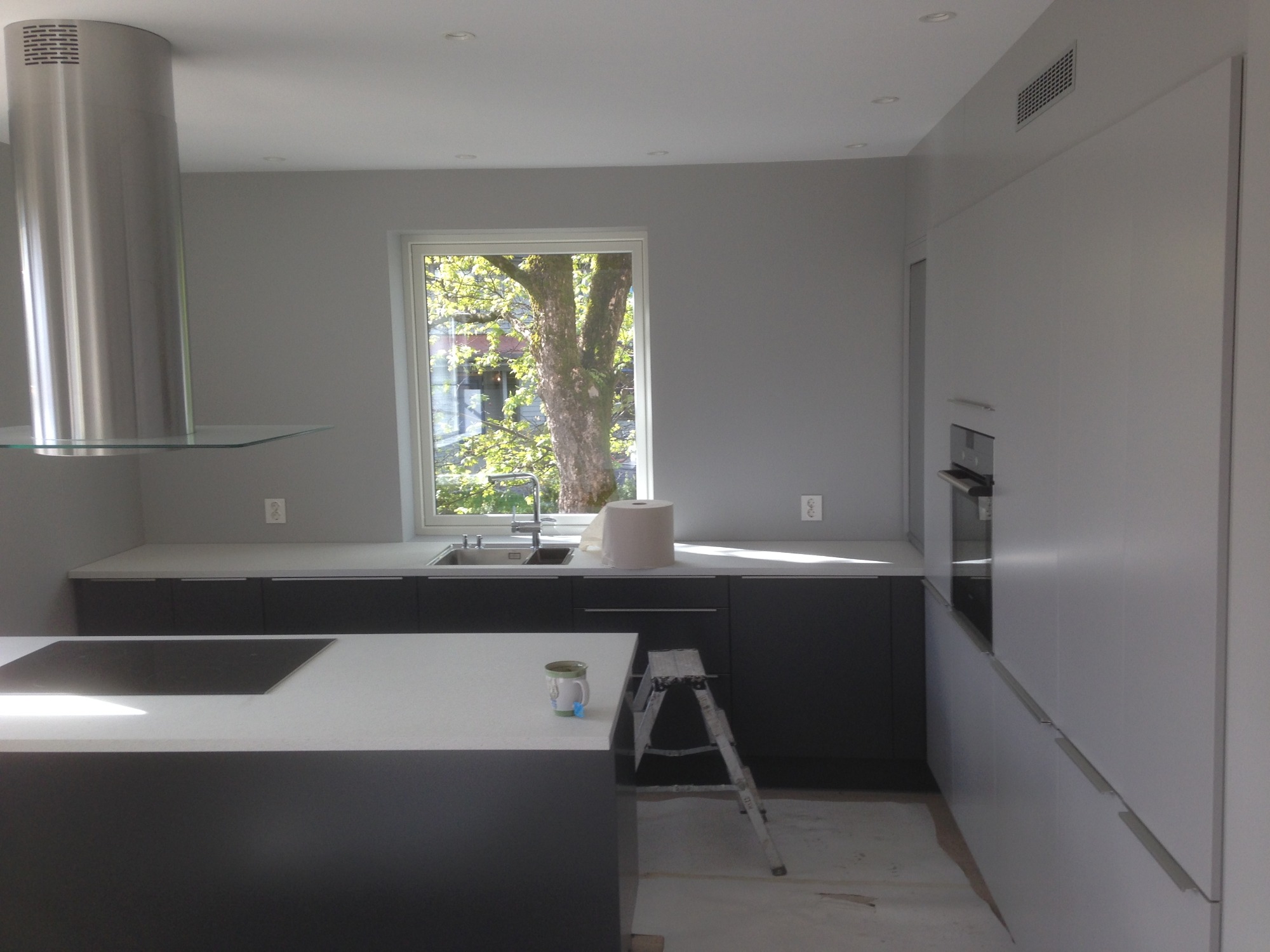 Wnętrze nowoczesnej kuchni w odcieniach szarości z wyspą kuchenną, srebrnym okapem i drabiną opartą o szafki, widok na drzewo za oknem.