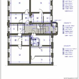 Rzut poziomy drugiego piętra budynku mieszkalno-usługowego z inwentaryzacją pomieszczeń, skala 1:100, ul. Stawowa 7, z podanymi powierzchniami pomieszczeń i sumaryczną powierzchnią użytkową.