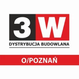 Logo firmy dystrybucyjnej materiałów budowlanych 3W z siedzibą w Poznaniu, na białym tle.