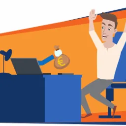 Animowana ilustracja: mężczyzna w euforii siedzi przy biurku, z laptopa wyłania się ręka wręczająca worek z symbolem euro.