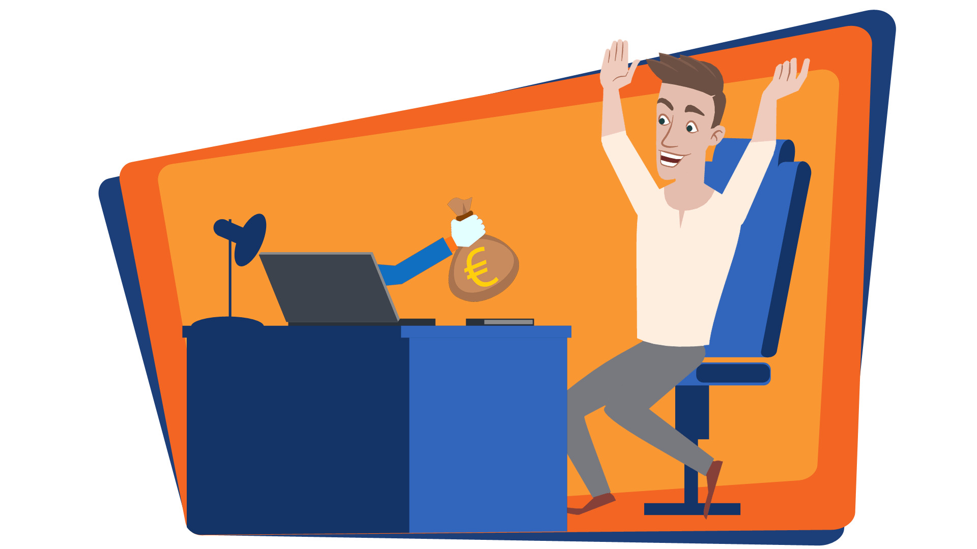 Animowana ilustracja: mężczyzna w euforii siedzi przy biurku, z laptopa wyłania się ręka wręczająca worek z symbolem euro.