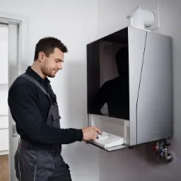 Instalator w kombinezonie roboczym programuje nowoczesny, wiszący piec gazowy z czarnym frontem w jasnym wnętrzu, widoczne rury przyłączeniowe.