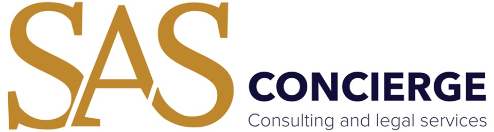 Logo firmy SAS Concierge oferującej usługi doradcze i prawne. Litery SAS w kolorze złotym, słowo Concierge w kolorze granatowym, a pod spodem napis Consulting and legal services.