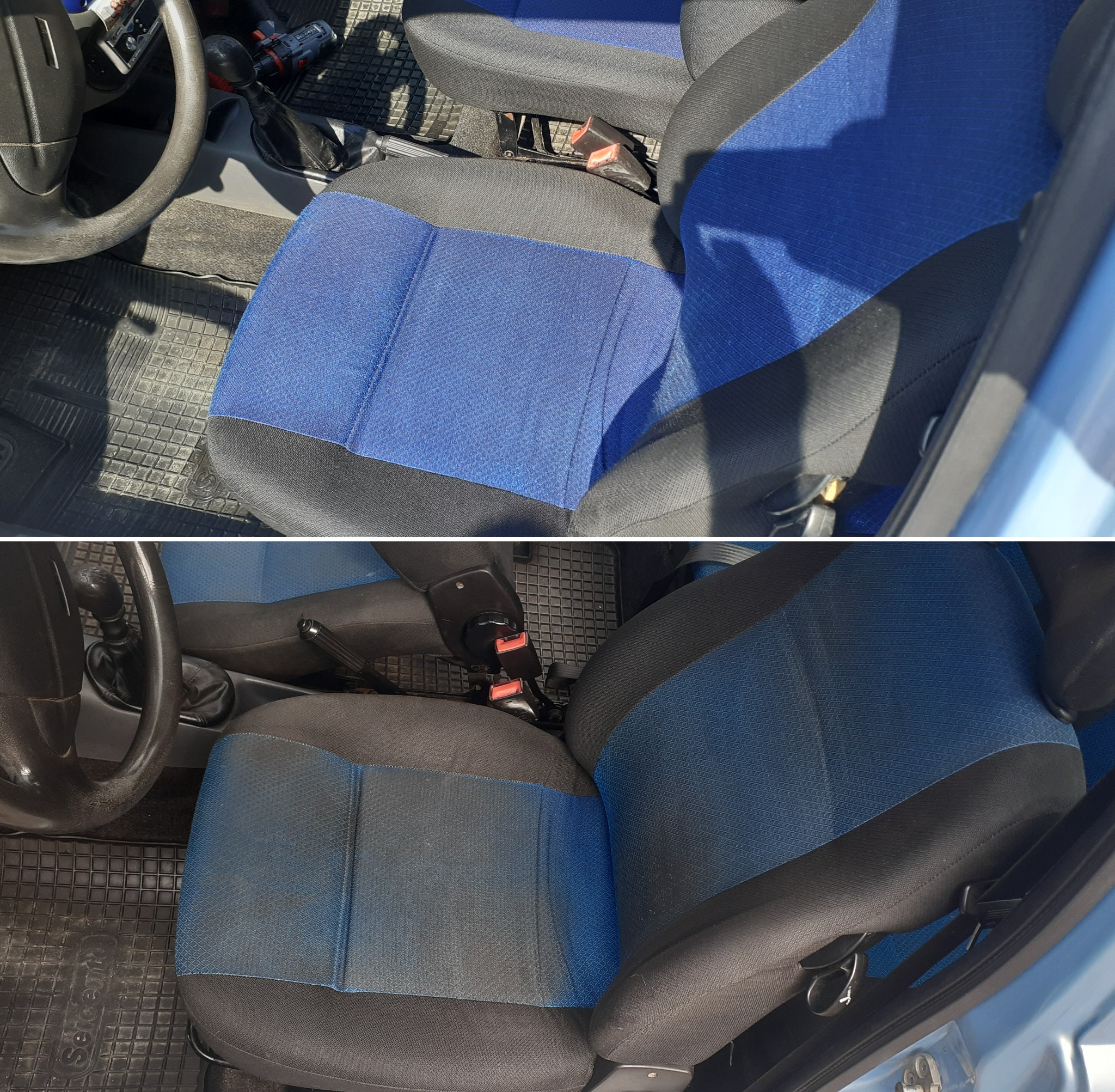 Porównanie przed i po czyszczeniu fotela samochodowego z niebieską tapicerką, widoczne różnice w odcieniu i czystości materiału.