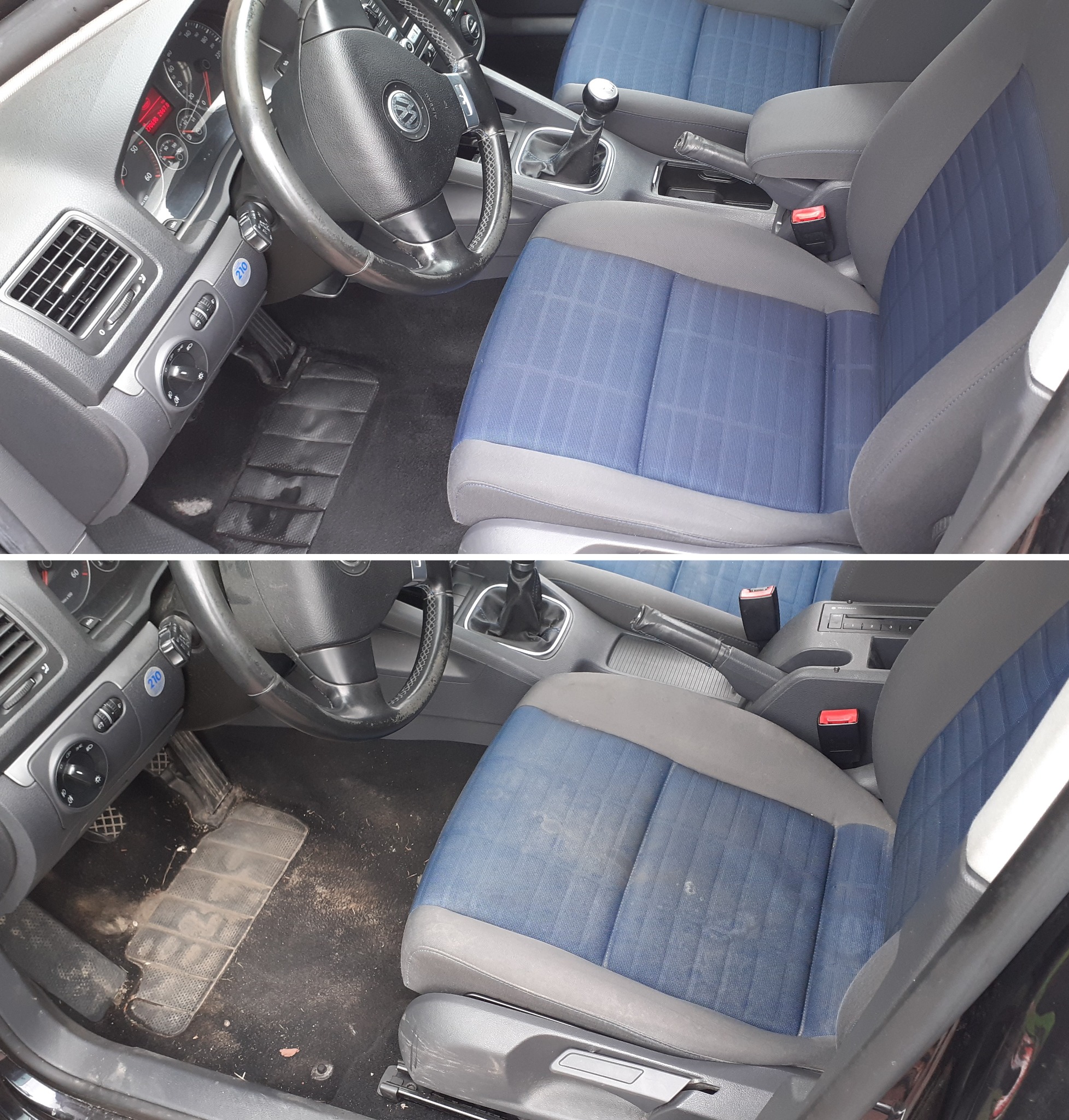 Porównanie wnętrza samochodu przed i po czyszczeniu: brudne dywaniki i fotele z plamami na dole, czyste i odświeżone na górze. Widoczna różnica w kolorze i fakturze materiałów.