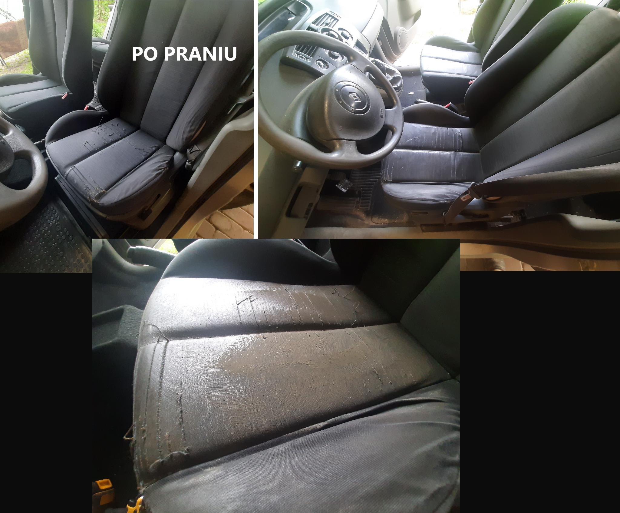 Wnętrze samochodu z widocznymi fotelami, jeden fotel z napisem 'PO PRANIU', drugi fotel z mokrą powierzchnią po czyszczeniu, widoczna kierownica i deska rozdzielcza.