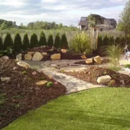 Aranżacja ogrodu z kamienną ścieżką, korą, ozdobnymi skałami i rzędem tuj w tle, widok z perspektywy trawnika.