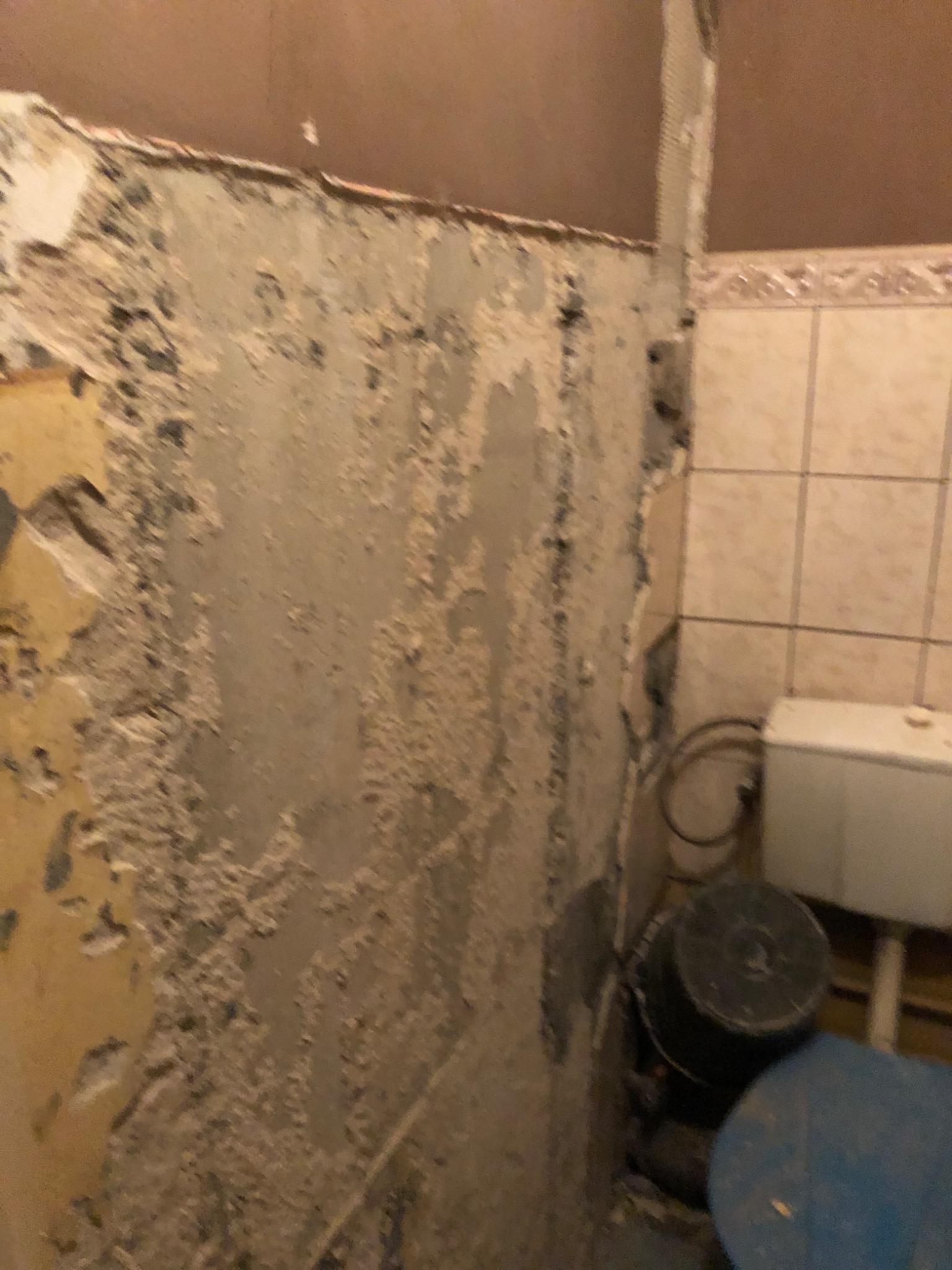 Ściana w łazience w trakcie przygotowywania do prac wykończeniowych, widoczne stare warstwy farby i resztki tapet, obok toaleta i wiadro.