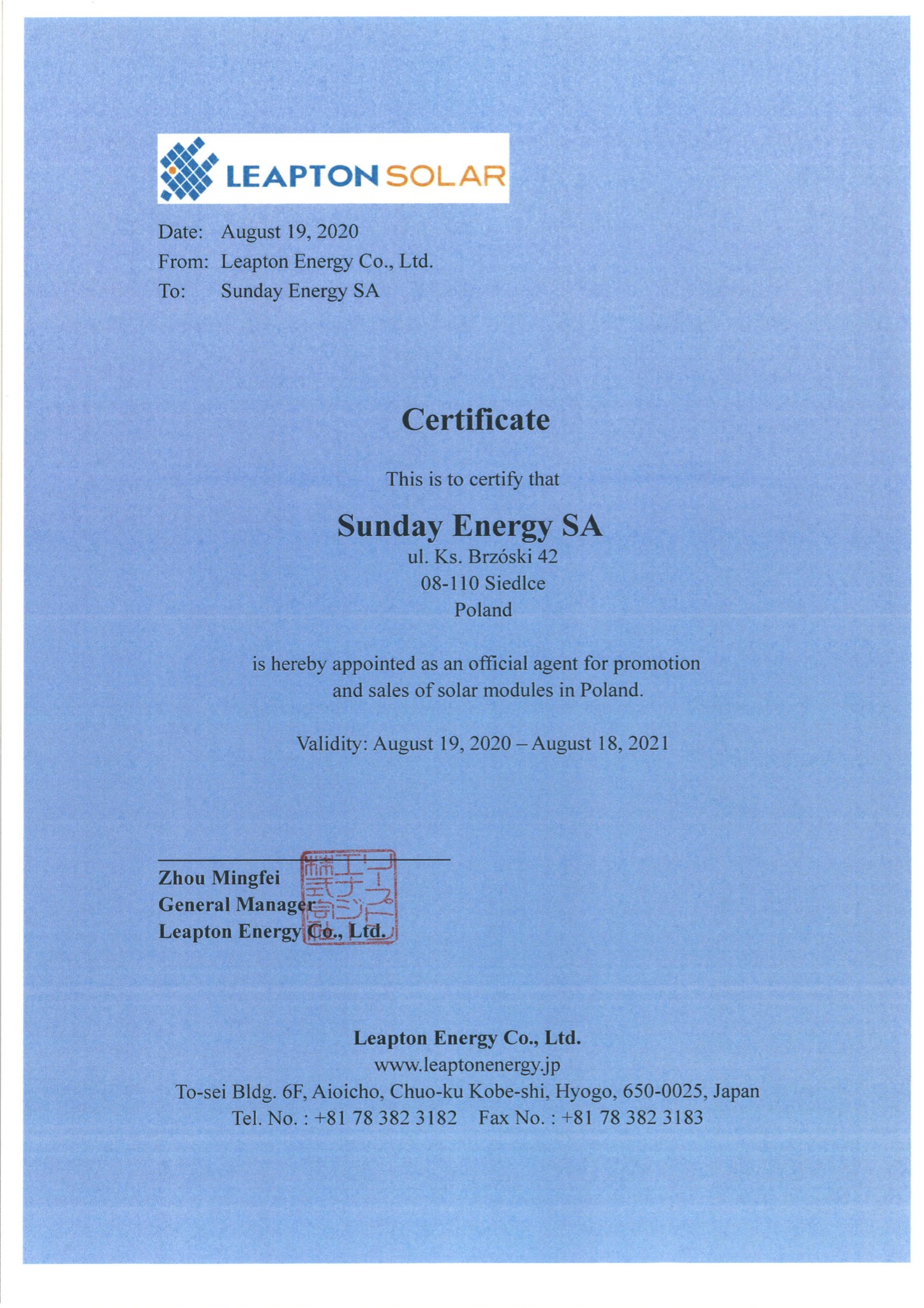 Skan certyfikatu autoryzacji dla Sunday Energy SA jako oficjalnego agenta Leapton Energy Co. Ltd. do promocji i sprzedaży modułów słonecznych w Polsce, ważny od 19 sierpnia 2020 do 18 sierpnia 2021.
