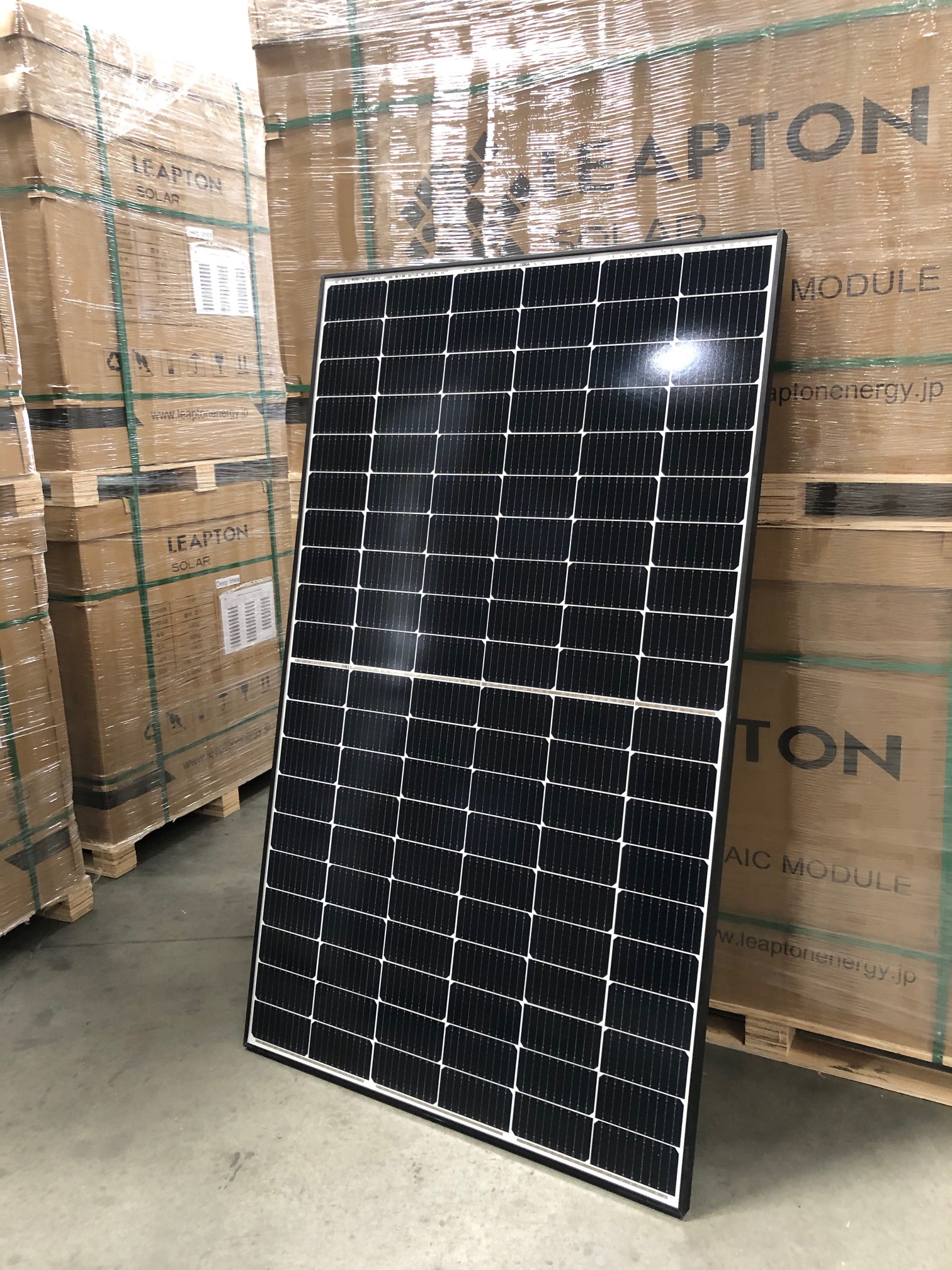 Pojedynczy panel słoneczny marki Leapton, oparty o kartony z logo producenta, na szarej betonowej podłodze magazynu.