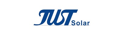 Niebieskie logo firmy JUST Solar na białym tle.