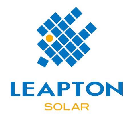 Logo firmy Leapton Solar przedstawiające abstrakcyjną rybę utworzoną z niebieskich kwadratów, z jednym żółtym kwadratem w miejscu oka.