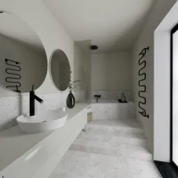 Wizualizacja nowoczesnej łazienki z dwoma okrągłymi lustrami nad umywalką w kształcie misy, czarną armaturą i grzejnikiem drabinkowym, wykończonej płytkami lastryko.