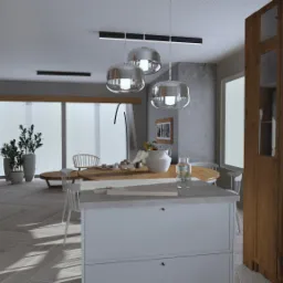 Wizualizacja wnętrza mieszkania z drewnianą podłogą w jodełkę, wyspą kuchenną z szarym blatem, drewnianą szafą z przeszklonymi drzwiczkami oraz okrągłym stołem z krzesłami w tle.