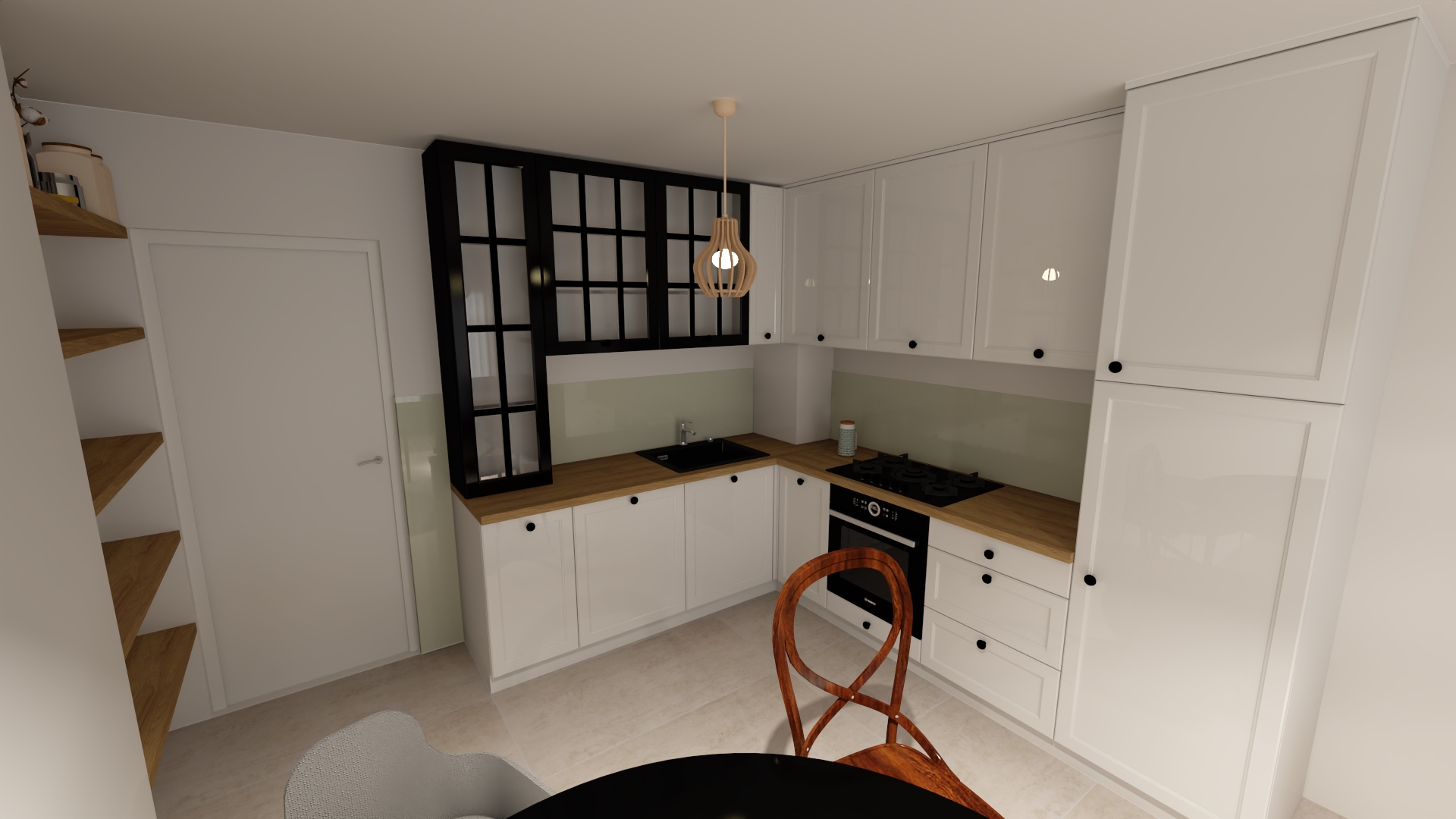 Wizualizacja kuchni z białymi szafkami, drewnianym blatem i czarnymi akcentami, w tym przeszkloną szafką wiszącą i okrągłym stołem z krzesłami.