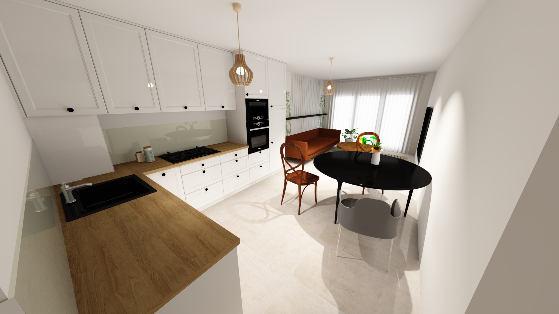 Wizualizacja nowoczesnej kuchni z białymi szafkami z czarnymi uchwytami, drewnianym blatem, czarną płytą grzewczą i piekarnikiem, oraz stołem z krzesłami w części jadalnej.