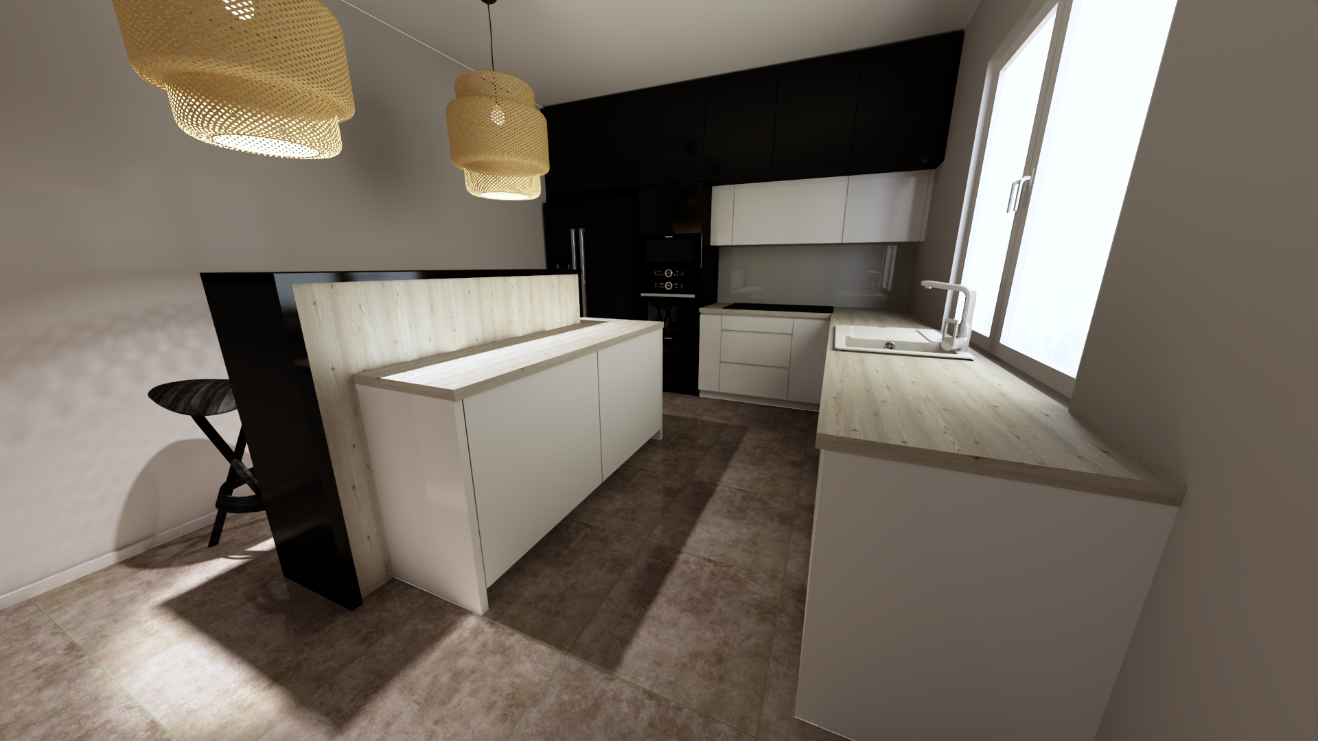 Wizualizacja nowoczesnej kuchni z białymi szafkami, drewnianym blatem i dwoma plecionymi lampami wiszącymi, widok na wyspę kuchenną z hokerem i duże okno.