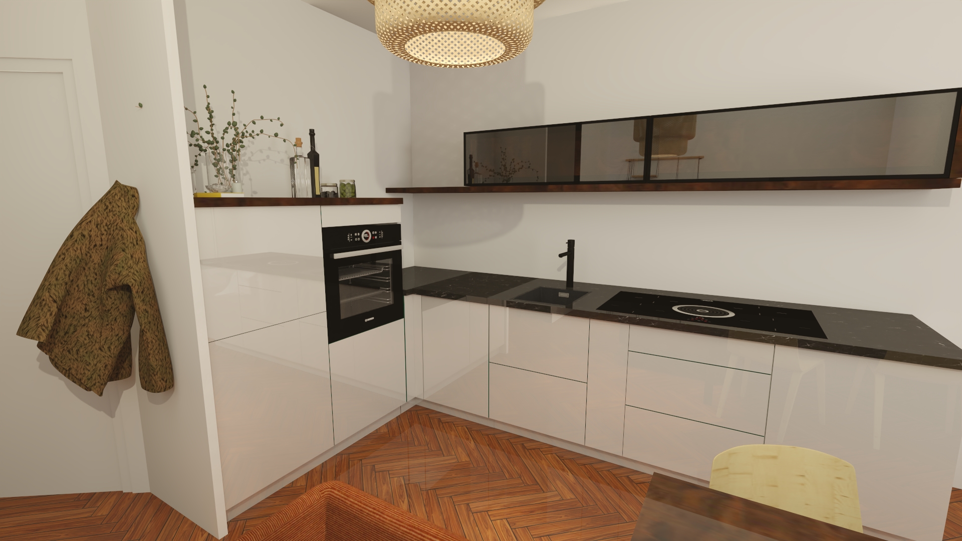 Wizualizacja nowoczesnej kuchni z białymi, gładkimi frontami, ciemnym blatem i drewnianą podłogą w jodełkę, z widocznym płaszczem wiszącym na ścianie obok drzwi.