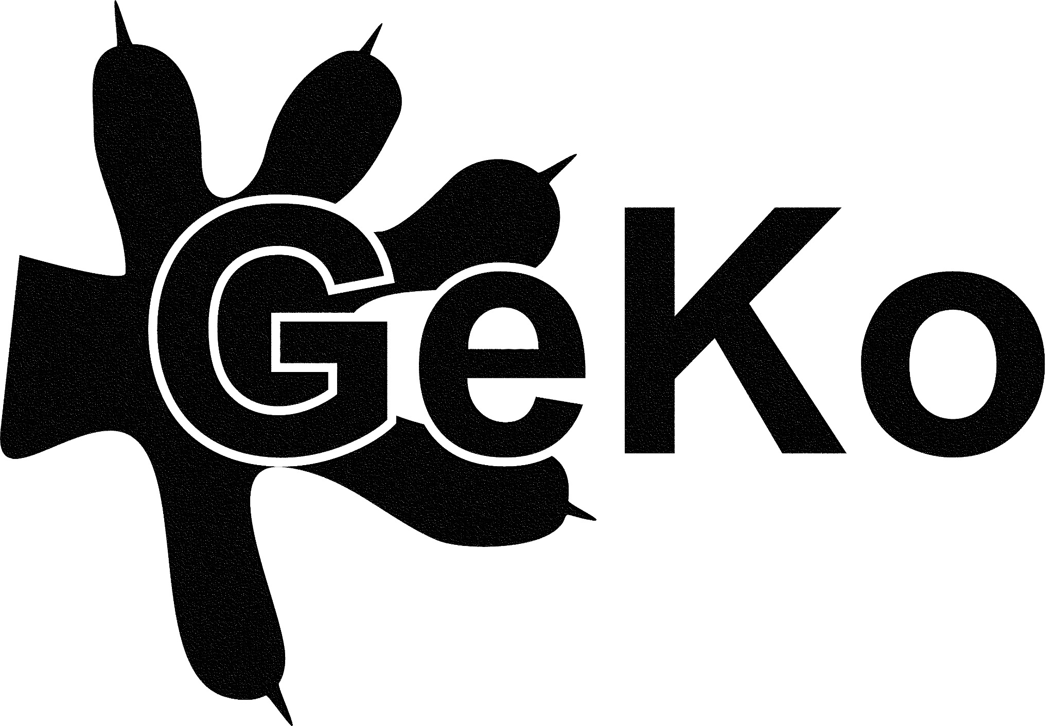 Logo firmy z sylwetką łapy gekona i napisem 'GeKo'.