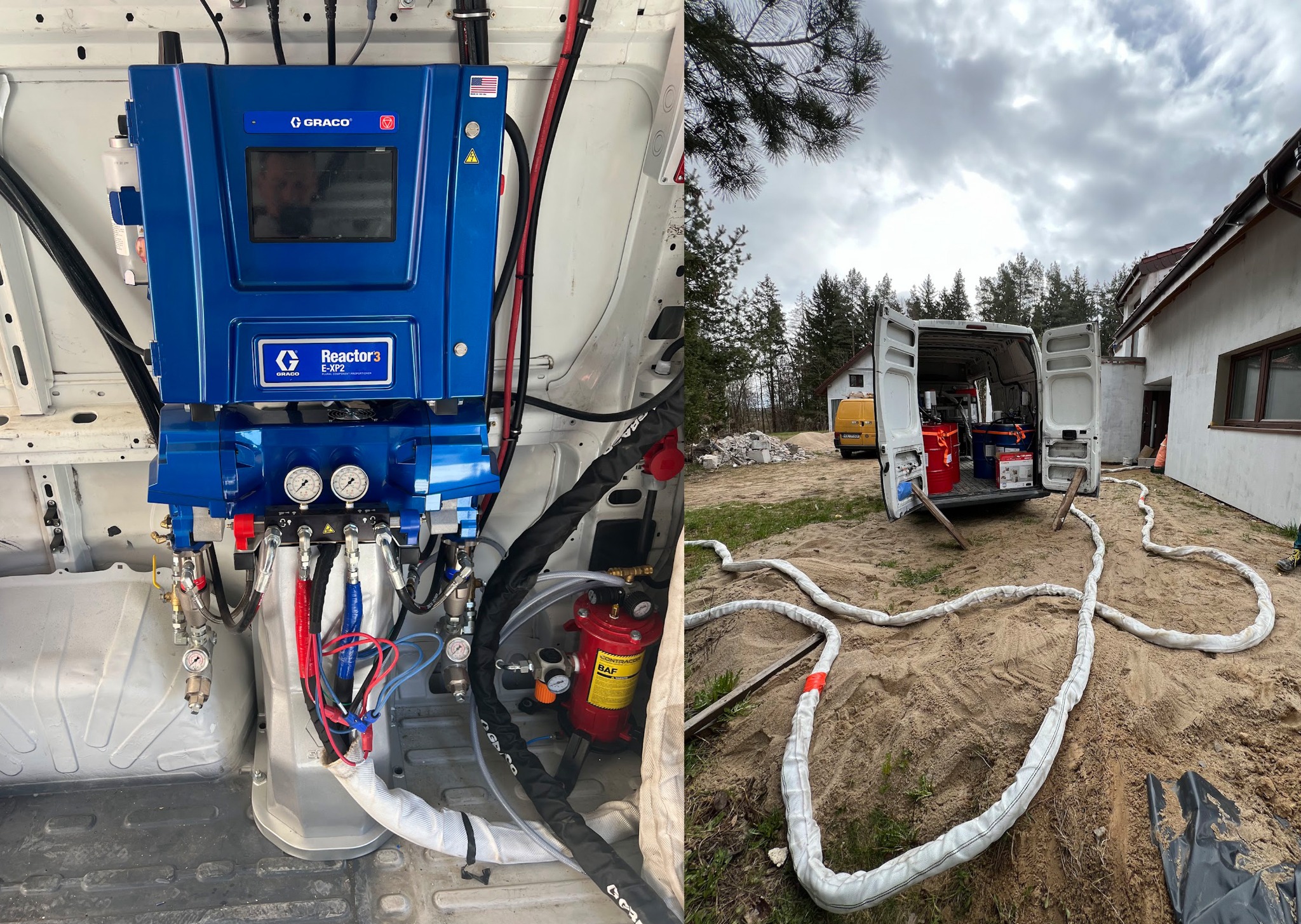 Mobilny agregat natryskowy w busie, z podłączonymi przewodami na zewnątrz, gotowy do aplikacji izolacji. Widok na sprzęt i teren budowy.
