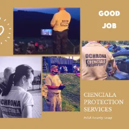 Kolaż zdjęć: ochrona imprezy plenerowej, pracownik w masce ochronnej z logo, zbliżenie na logo na koszulce pracownika, ochrona w trakcie interwencji przy samochodzie.