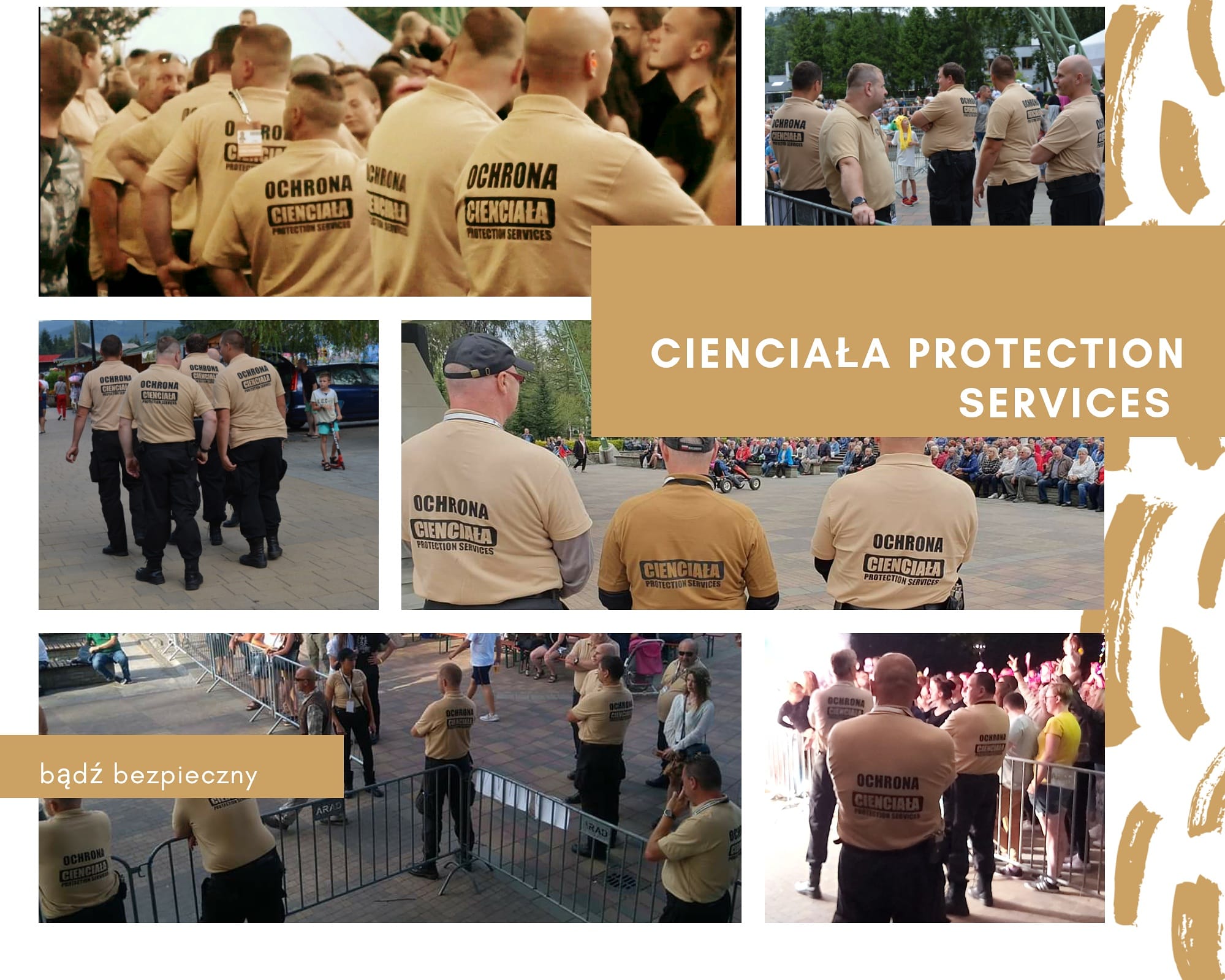 Grupa ochroniarzy w beżowych koszulkach z napisem 'OCHRONA CIENCIAŁA PROTECTION SERVICES' podczas zabezpieczania imprezy masowej.