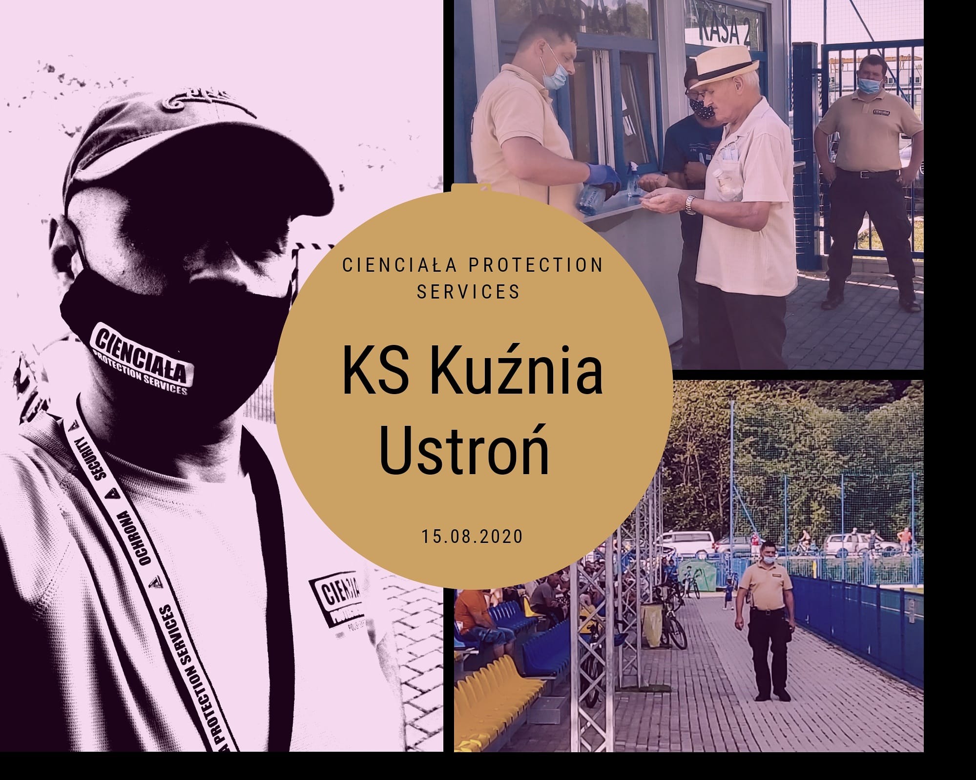 Kadry z zabezpieczenia imprezy sportowej przez firmę ochroniarską: pracownik w maseczce z logo firmy, ochrona przy wejściu, dezynfekcja rąk, patrol wzdłuż trybun.