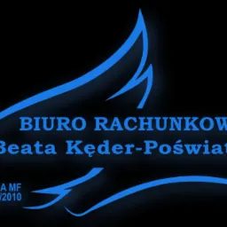 Niebieskie logo biura rachunkowego Beata Kęder-Poświata z licencją MF 46875/2010 na czarnym tle.