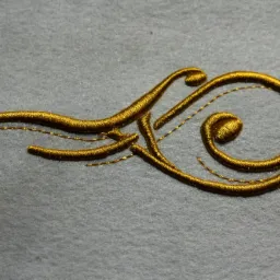 Detal haftu wypukłego w kolorze złotym na szarym filcu, przedstawiający stylizowany ornament roślinny.