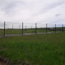 NORNIK PRACE BUDOWLANE ORAZ ROBOTY ZIEMNE - Długi, czarny ogrodzenie panelowe z betonową podmurówką, otaczające zieloną działkę z widocznym domem i cysterną w tle, pod pochmurnym niebem.