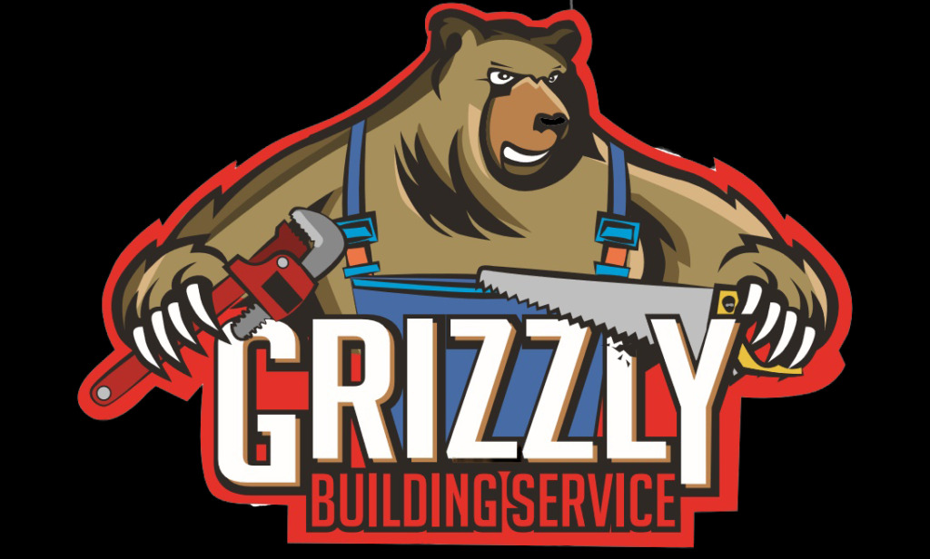 Grafika logo firmy budowlanej Grizzly Building Service ze Stalowej Woli, przedstawiająca niedźwiedzia grizzly w niebieskich ogrodniczkach, trzymającego klucz francuski i piłę ręczną.