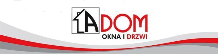 Logo firmy z czarnym symbolem domu w kwadracie oraz czerwonym napisem 'DOM' i czarnym 'OKNA I DRZWI' na białym tle z szaro-czerwonymi elementami graficznymi.