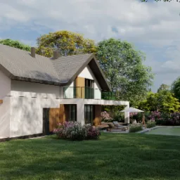 Wizualizacja nowoczesnego domu jednorodzinnego z ogrodem, basenem i miejscem do relaksu na tarasie, widok z perspektywy trawnika.