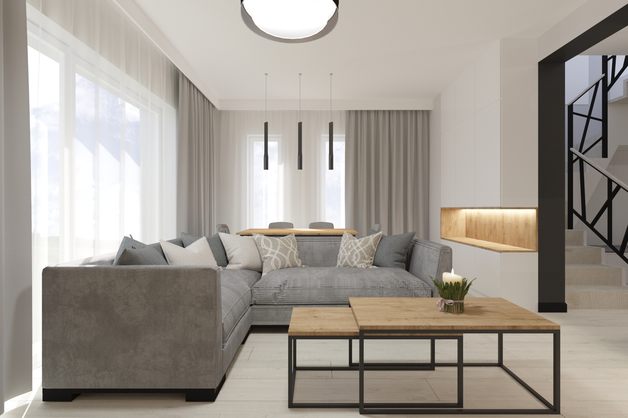 Nowoczesny salon z narożną sofą w odcieniach szarości, drewnianymi stolikami kawowymi i oświetloną wnęką ścienną, uzupełniony o minimalistyczne lampy wiszące i schody z czarną balustradą.