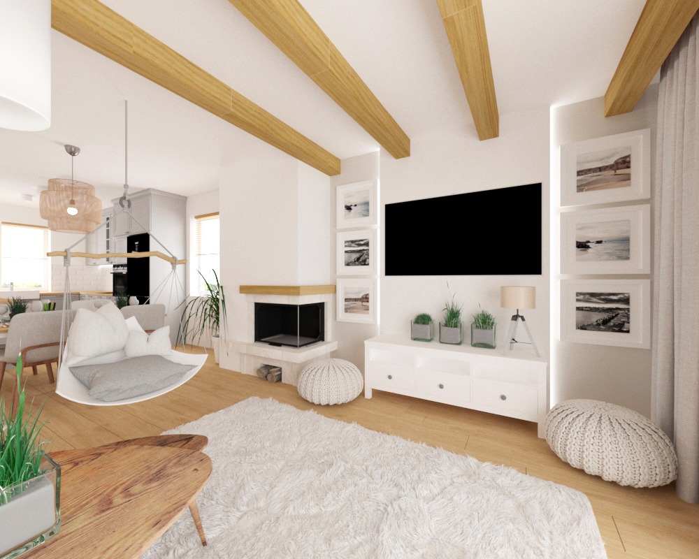 Jasne wnętrze salonu z drewnianymi belkami stropowymi, kominkiem i wiszącym fotelem. Biały, puszysty dywan zajmuje centralną część kadru. Ściany zdobią grafiki w białych ramkach. Telewizor...