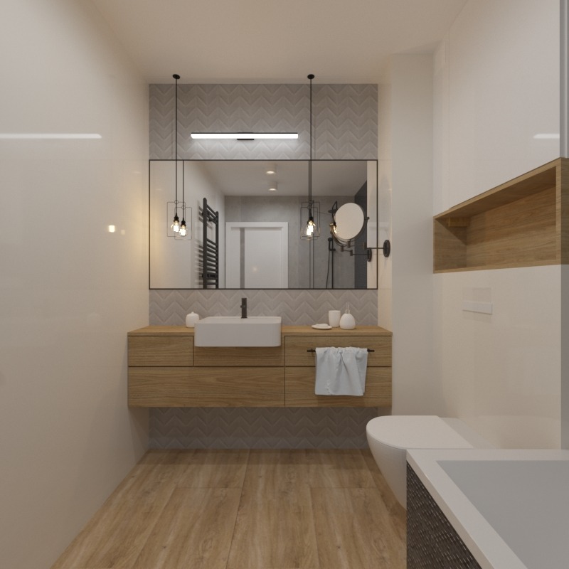 Nowoczesna łazienka z drewnianymi akcentami: długa szafka pod umywalką, prostokątne lustro z czarną ramą i wiszące lampy, biała umywalka nablatowa, toaleta i częściowo widoczna wanna z szarą mozaiką.