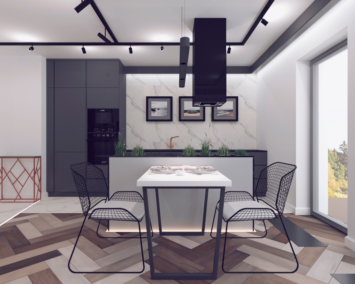 Nowoczesna kuchnia z marmurowym backsplashiem, czarnymi szafkami i wyspą z roślinami, oświetlenie punktowe, stół z dwoma krzesłami z metalowej siatki, parkiet w jodełkę.