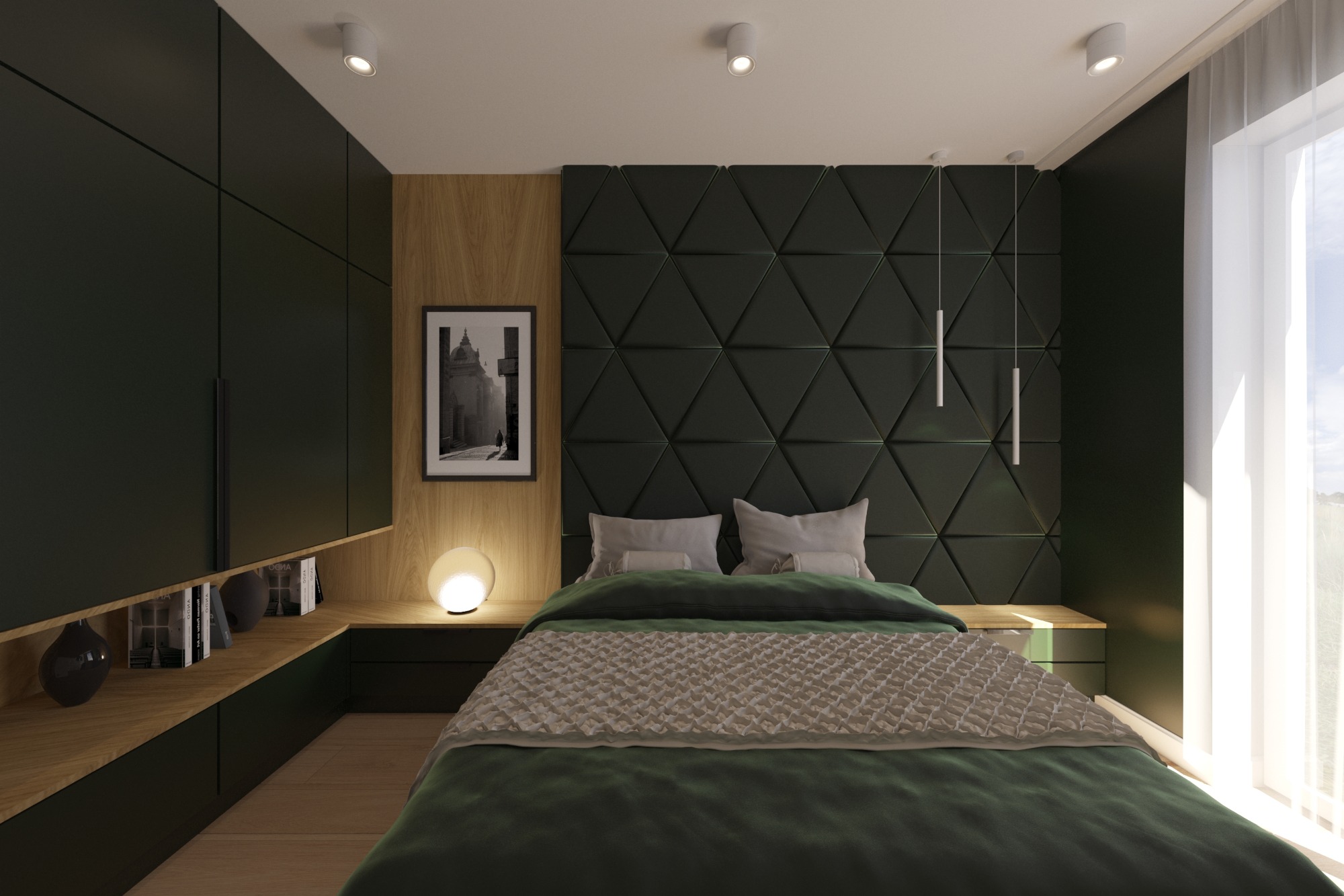 Nowoczesna sypialnia z ciemnozielonymi akcentami: tapicerowany panel ścienny w trójkąty, drewniane elementy, minimalistyczne oświetlenie i czarno-białe zdjęcie w ramie.