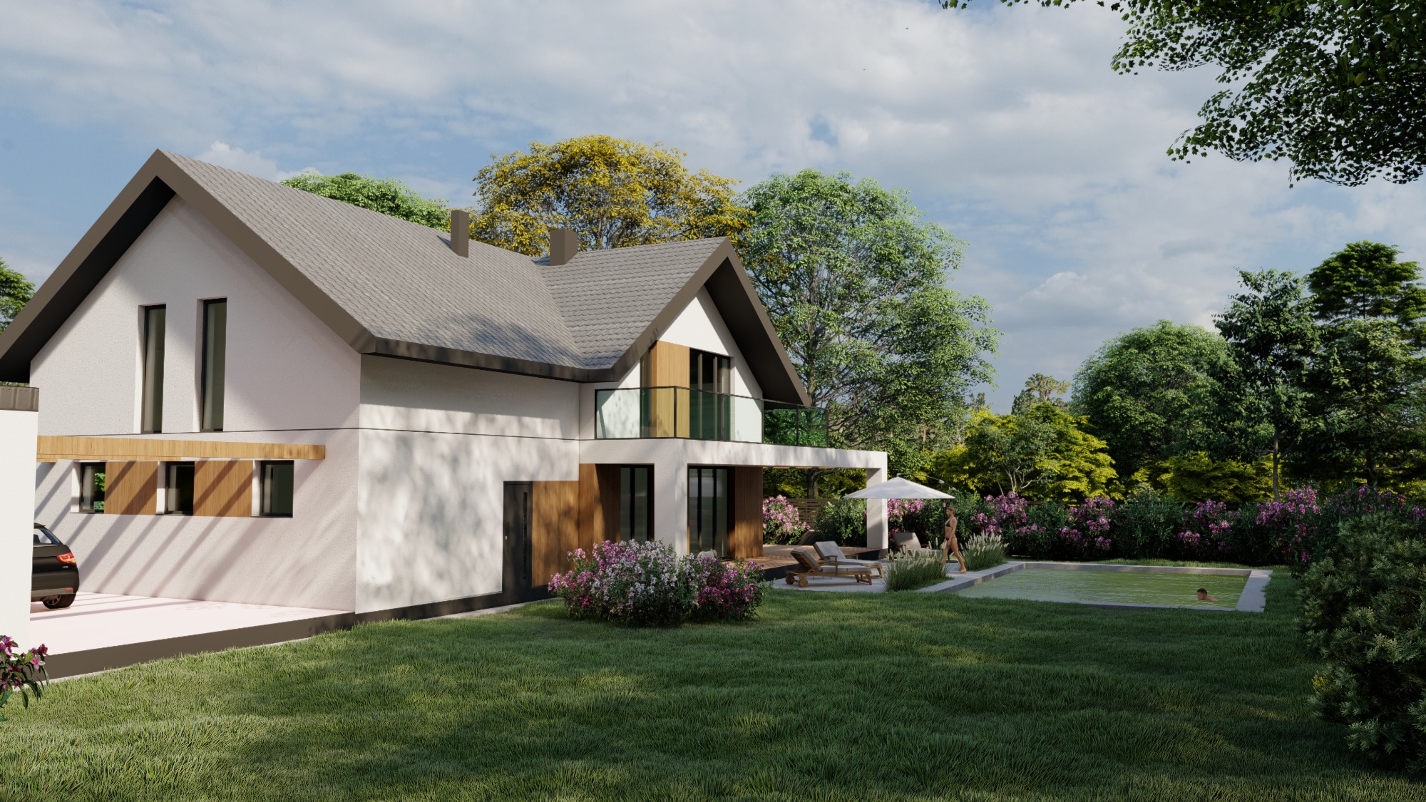 Wizualizacja nowoczesnego domu jednorodzinnego z ogrodem, basenem i miejscem do relaksu na tarasie, widok z perspektywy trawnika.