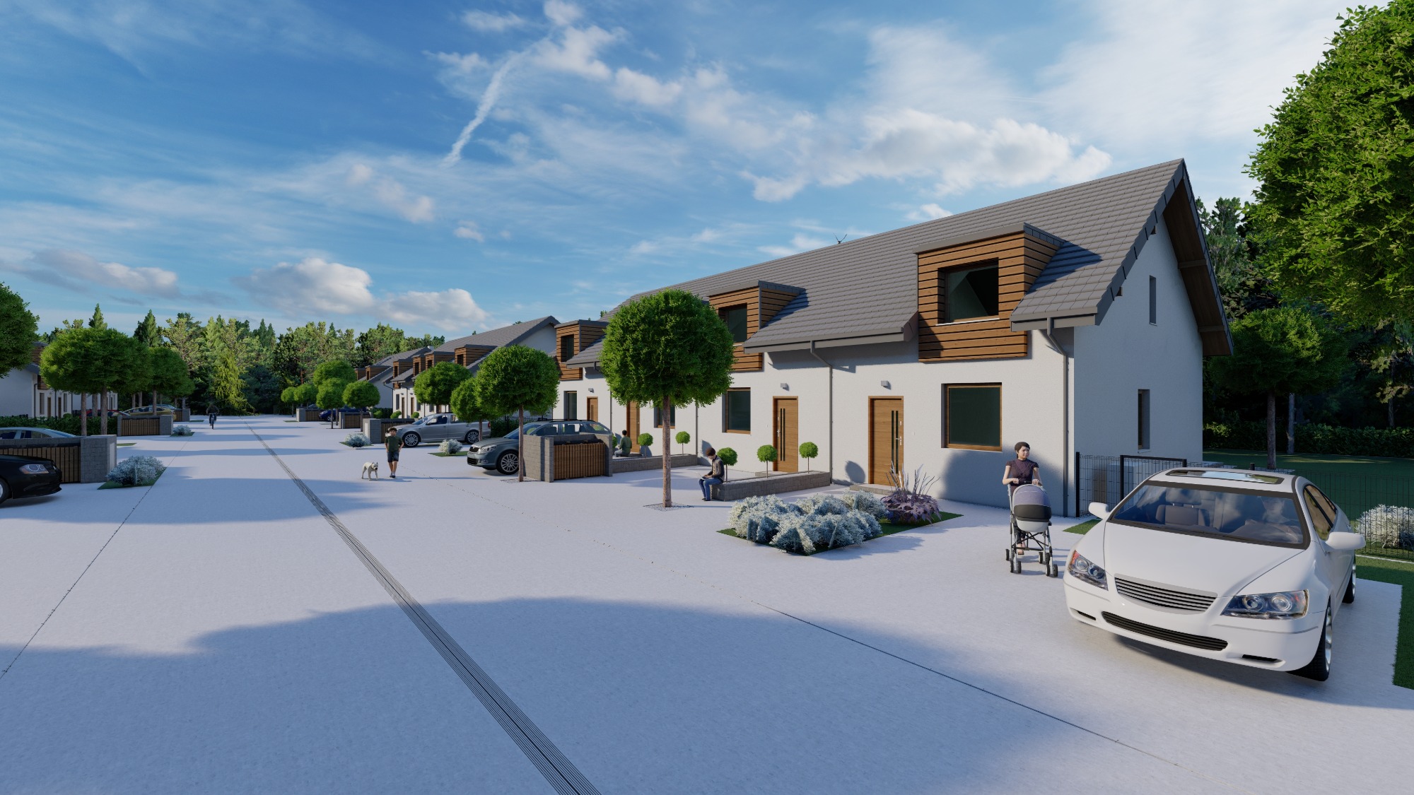 Wizualizacja szeregu nowoczesnych domów jednorodzinnych z szarymi dachami i drewnianymi akcentami, z zaparkowanymi samochodami i osobami spacerującymi, przedstawiona w słoneczny dzień z błękitnym...