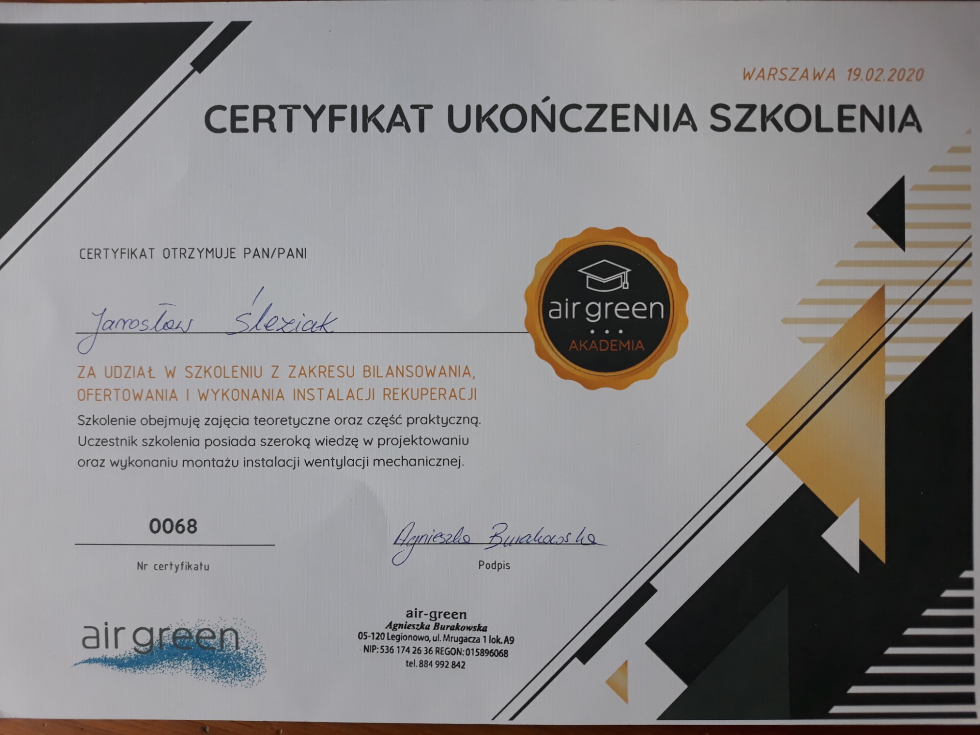 Certyfikat z zakresu bilansowania, ofertowania, i wykonywania instalacji rekuperacji.