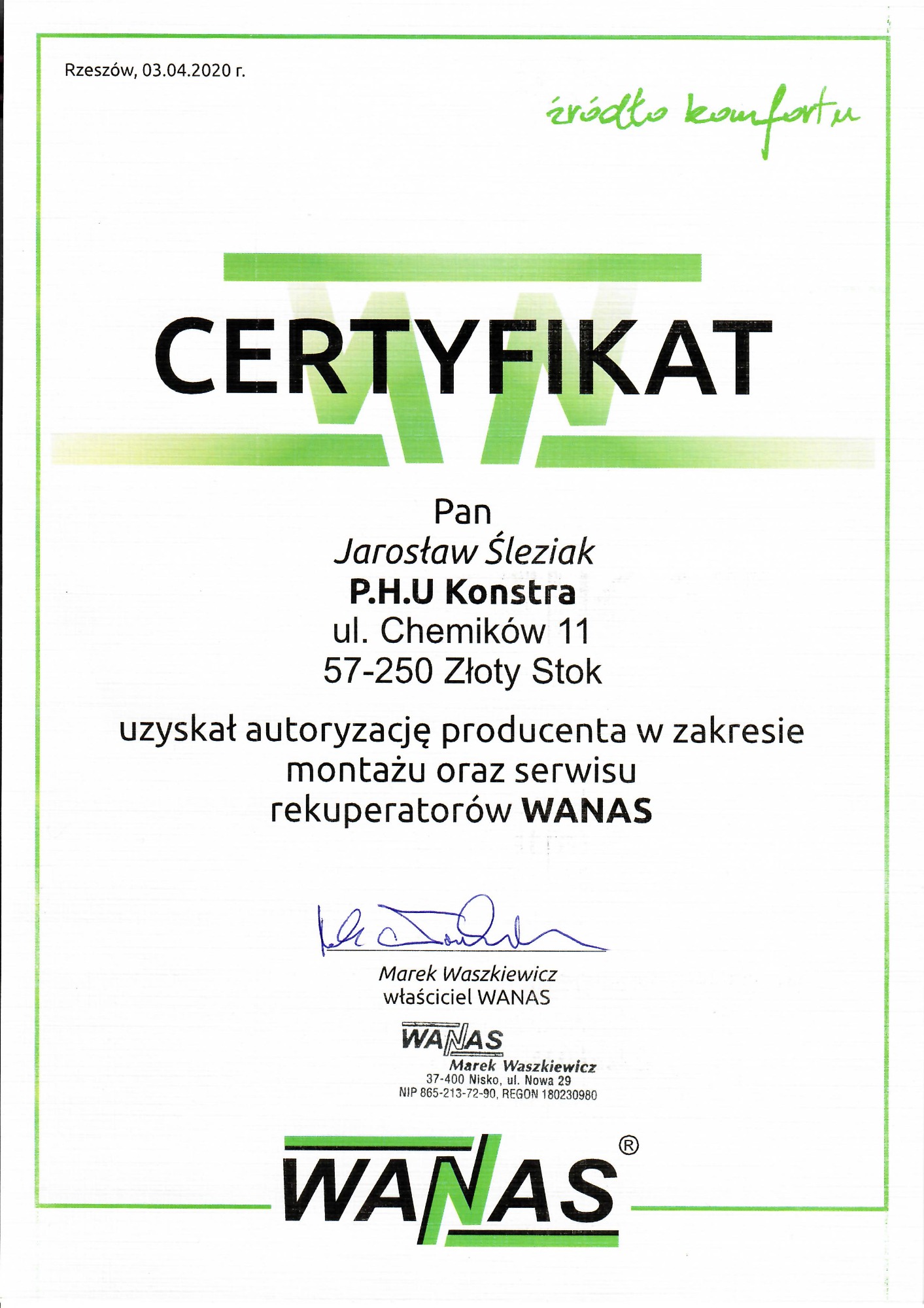 Certyfikat montażu i serwisu rekuperatorów WANAS.