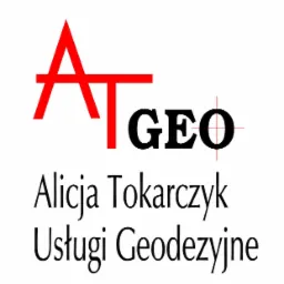 Logo firmy Alicja Tokarczyk Usługi Geodezyjne z czerwonym symbolem AT GEO na białym tle.
